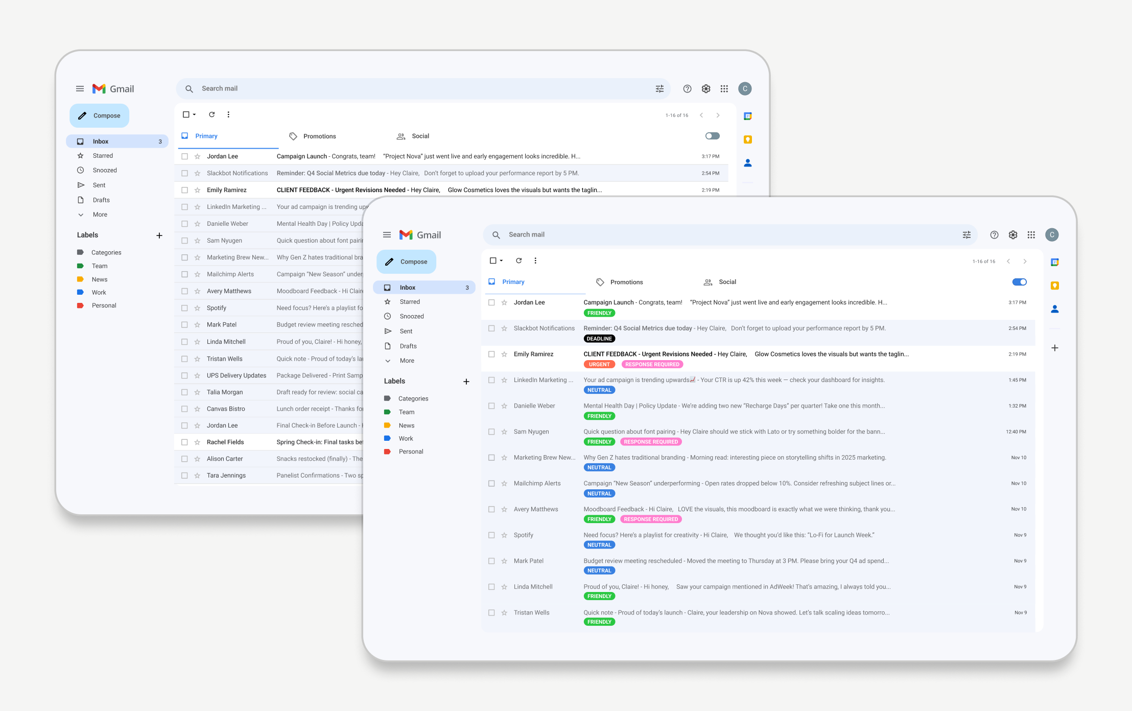 Emote Mail desktop interface with categorized inbox view